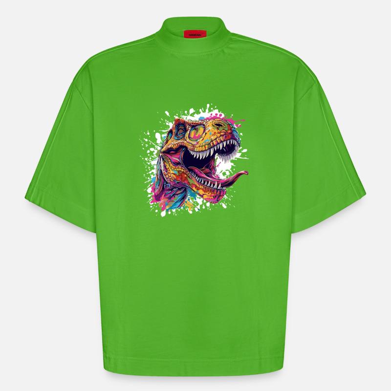 Bunter T-Rex Kopf Splash - Heavyweight Oversized Organic Boxy T-Shirt Made in EU - Apple Neon
