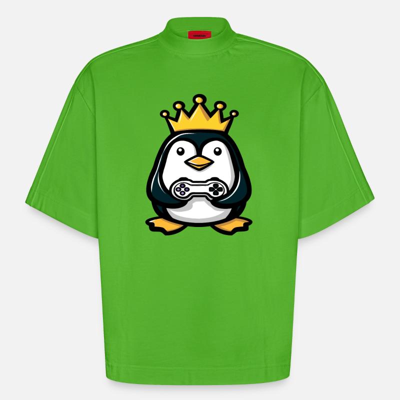 Pinguin mit gaming controller und Krone - Heavyweight Oversized Organic Boxy T-Shirt Made in EU - Apple Neon