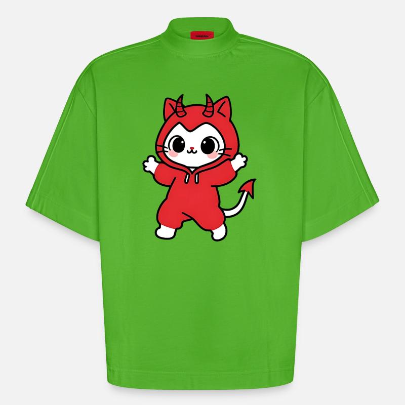 Cat Devil Kapuzenpullover Rot - Heavyweight Oversized Organic Boxy T-Shirt Made in EU - Apple Neon
