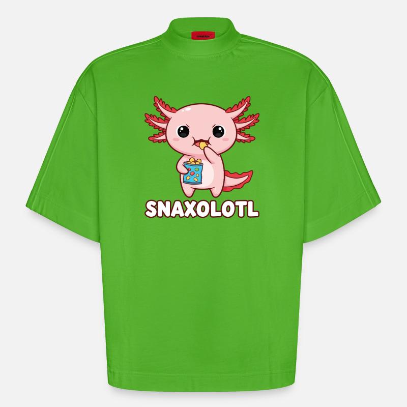 Mignon axolotl rose mangeant des chips - T-shirt bio épais oversize Boxy fabriqué en UE - Apple Neon