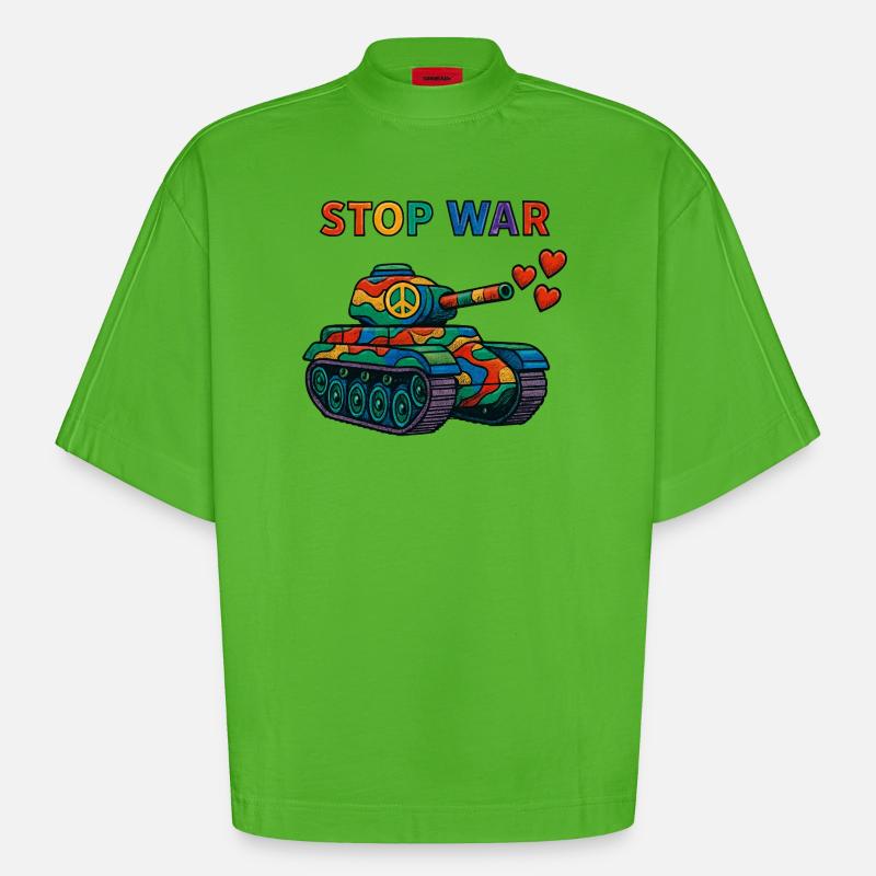 Regenbogen Panzer mit Peace-Zeichen – STOP WAR - Heavyweight Oversized Organic Boxy T-Shirt Made in EU - Apple Neon
