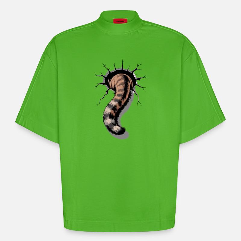 La queue de chat semble sortir du trou photo de chat drôle - T-shirt bio épais oversize Boxy fabriqué en UE - Apple Neon