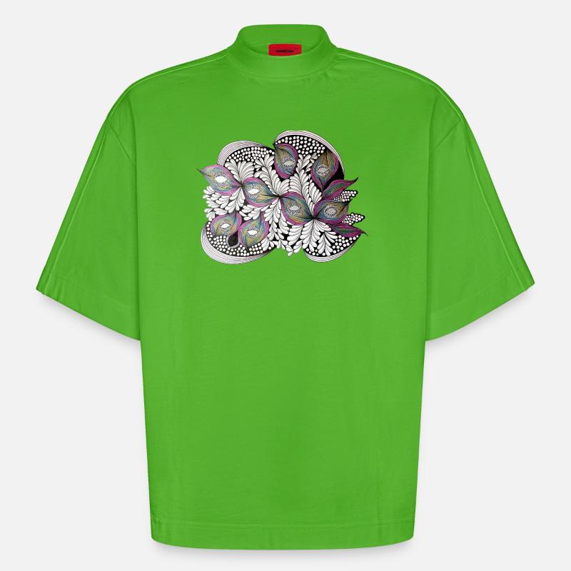 Peacock Feather Doodle Pattern - Heavyweight Oversized Organic Boxy T-Shirt Made in EU - Apple Neon