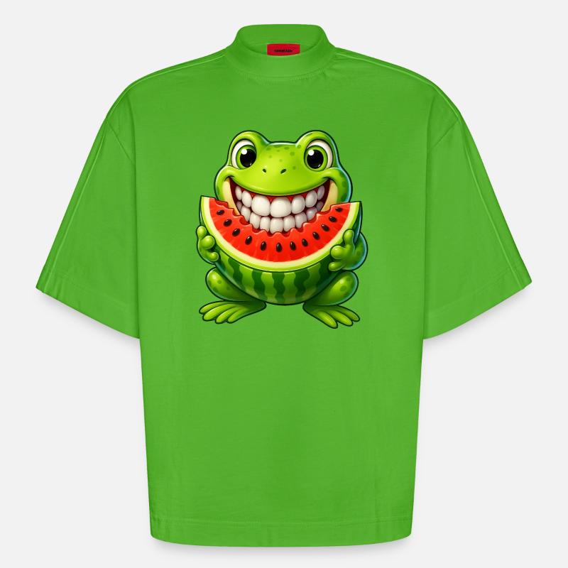 Crapaud grenouille joyeux avec pastèque été - T-shirt bio épais oversize Boxy fabriqué en UE - Apple Neon