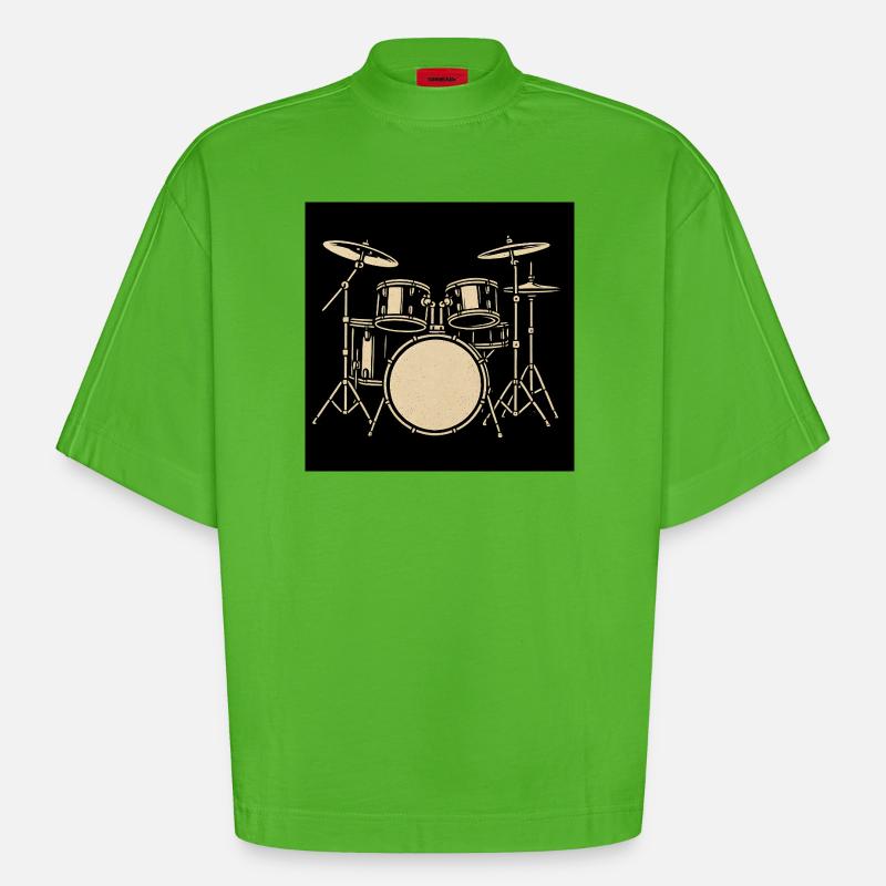 Black Silver Drumset Illustration - Heavyweight Oversized Organic Boxy T-Shirt Made in EU - Apple Neon