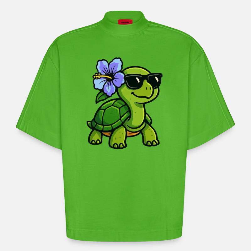Tortue avec fleur d’hibiscus - T-shirt bio épais oversize Boxy fabriqué en UE - Apple Neon