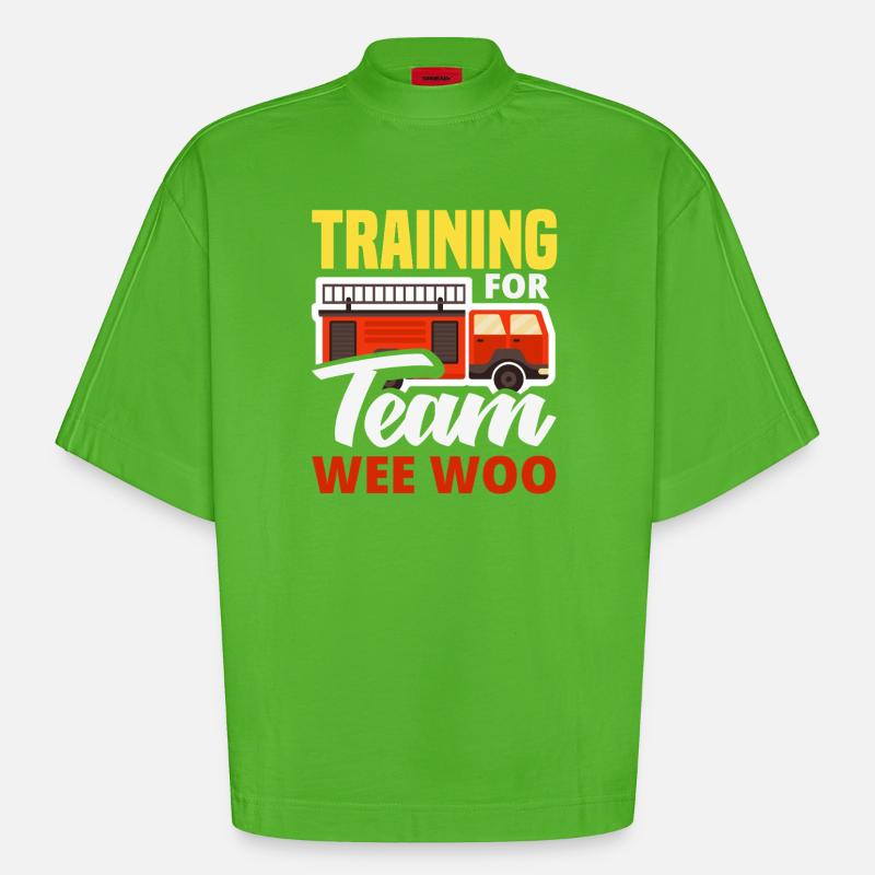 Wee Woo Squad Fire Tiny Firefighter - Heavyweight Oversized Organic Boxy T-Shirt Made in EU - Apple Neon