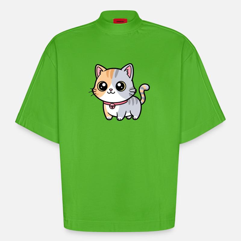 Calico Kitten Collar Charm - Heavyweight Oversized Organic Boxy T-Shirt Made in EU - Apple Neon