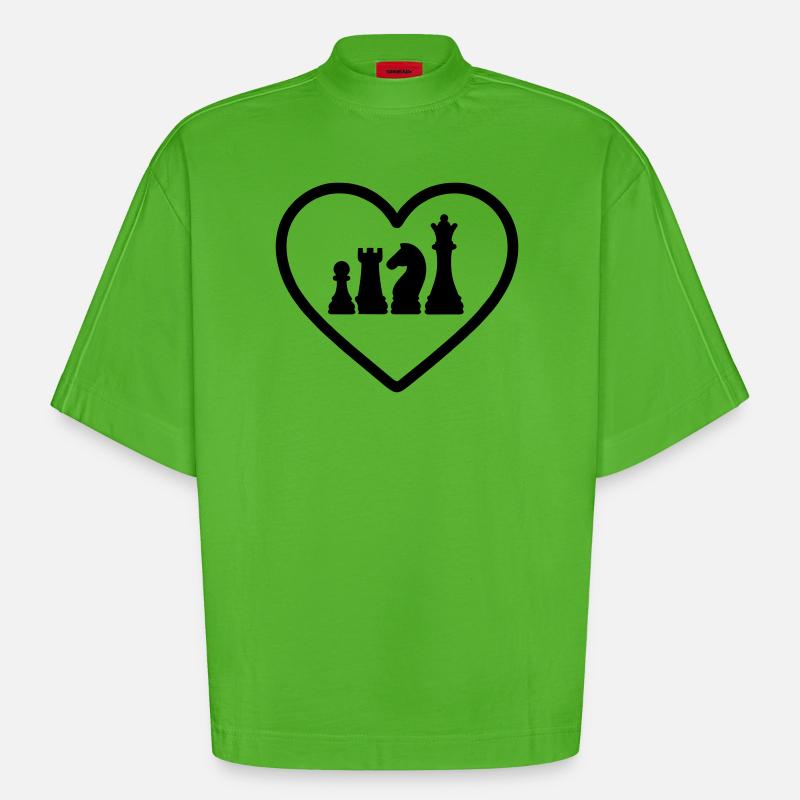 Cuore Scacchi Pezzi - Maglietta boxy ecologica oversize Heavyweight Made in UE - Apple Neon