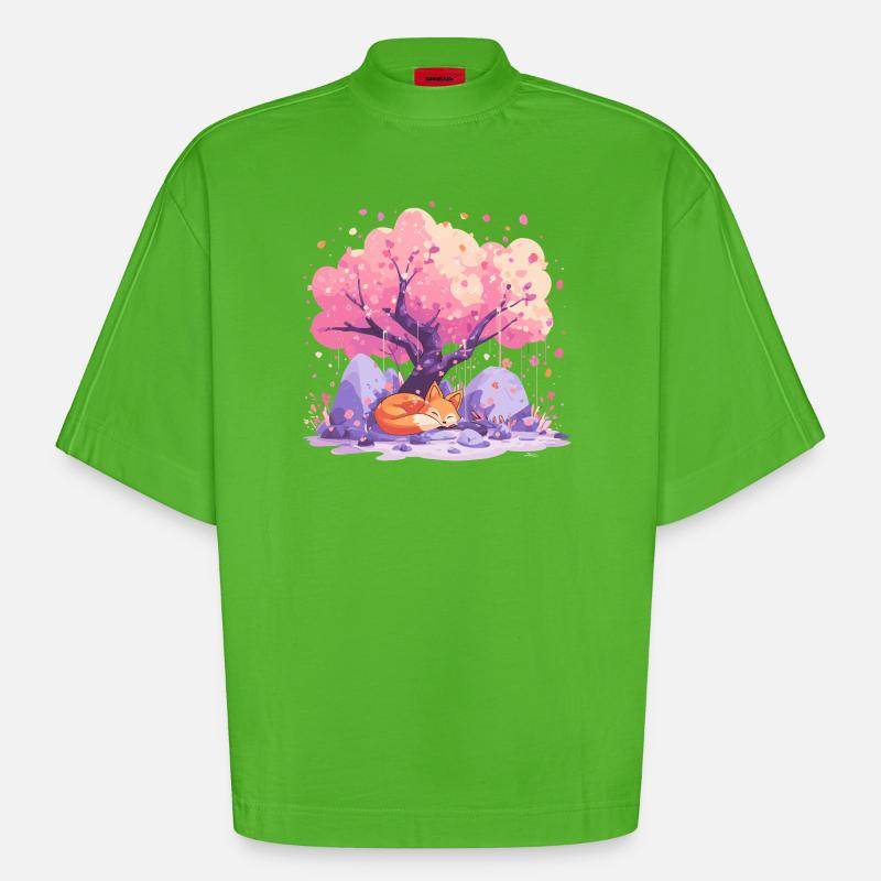 Sleeping fox under cherry tree - Heavyweight Oversized Organic Boxy T-Shirt Made in EU - Apple Neon