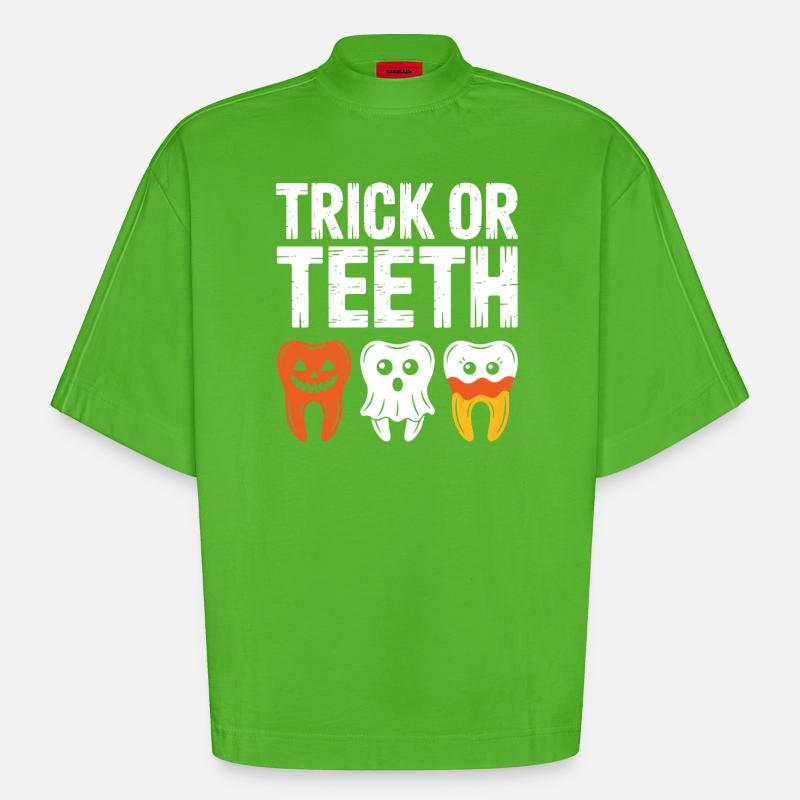 Trick oder Teeth Halloween-T-Shirt - Heavyweight Oversized Organic Boxy T-Shirt Made in EU - Apple Neon