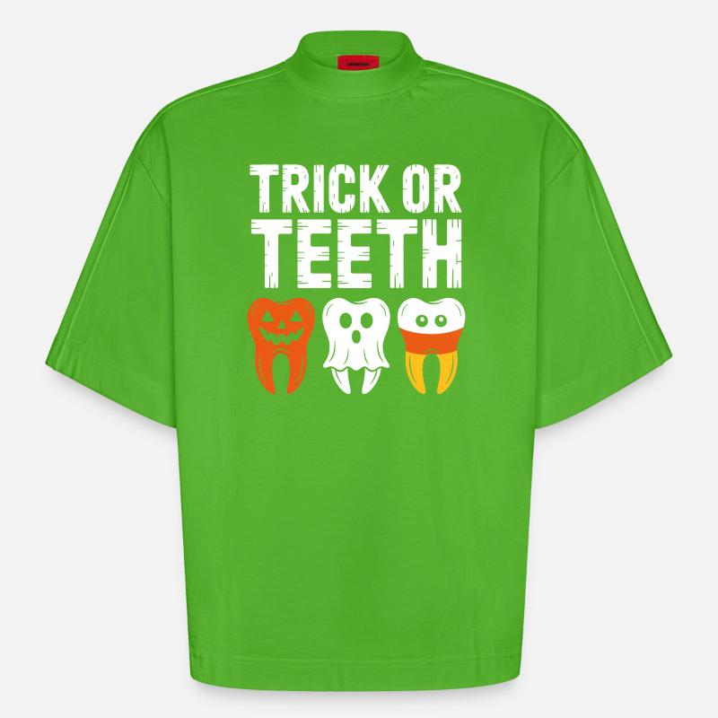 Trick oder Teeth Halloween-T-Shirt - Heavyweight Oversized Organic Boxy T-Shirt Made in EU - Apple Neon