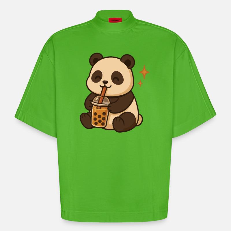Panda mit Bubble Tea kawaii Panda - Heavyweight Oversized Organic Boxy T-Shirt Made in EU - Apple Neon