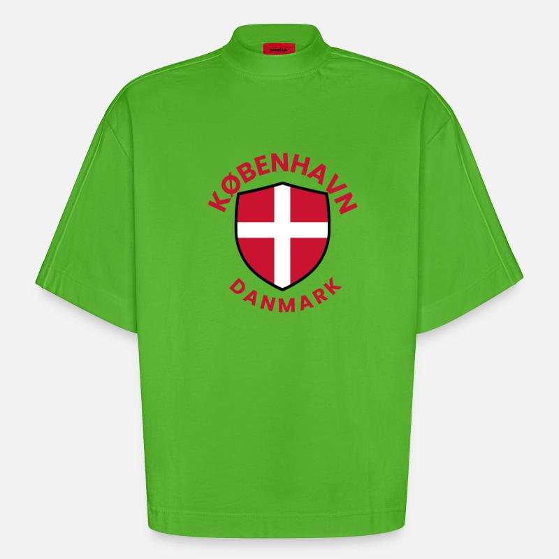 Bouclier de Copenhague avec drapeau danois - T-shirt bio épais oversize Boxy fabriqué en UE - Apple Neon