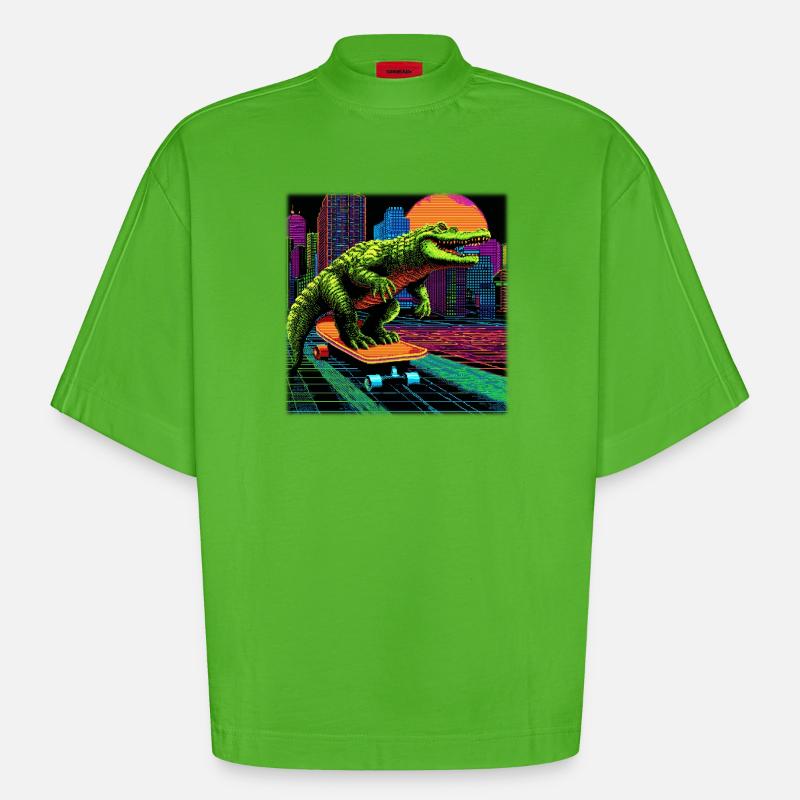 Pixel Art Krokodil – Retro Skater Synthwave - Heavyweight Oversized Organic Boxy T-Shirt Made in EU - Apple Neon