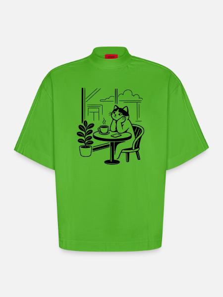 Thoughtful Cat Cafe - Heavyweight Oversized Organic Boxy T-Shirt Made in EU - Apple Neon