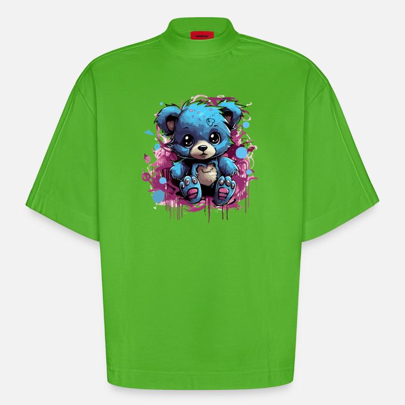 Blue Cuddly Bear Graffiti Pop - T-shirt bio épais oversize Boxy fabriqué en UE - Apple Neon