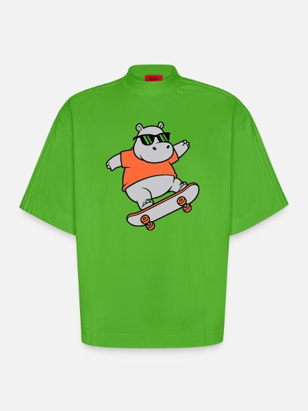 Cool Hippopotamus Skater Skateboard Vector - Heavyweight Oversized Organic Boxy T-Shirt Made in EU - Apple Neon