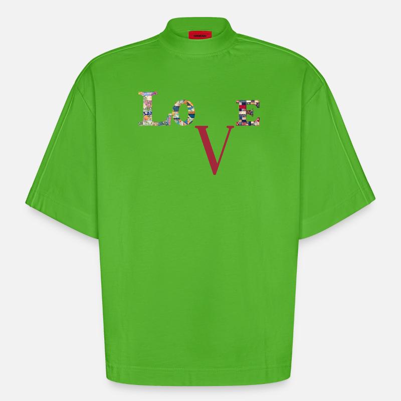Liebe Patchwork-Typografie - Heavyweight Oversized Organic Boxy T-Shirt Made in EU - Apple Neon