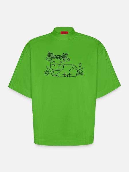 Süße Kuh Blumenkranz Boho Outline - Heavyweight Oversized Organic Boxy T-Shirt Made in EU - Apple Neon
