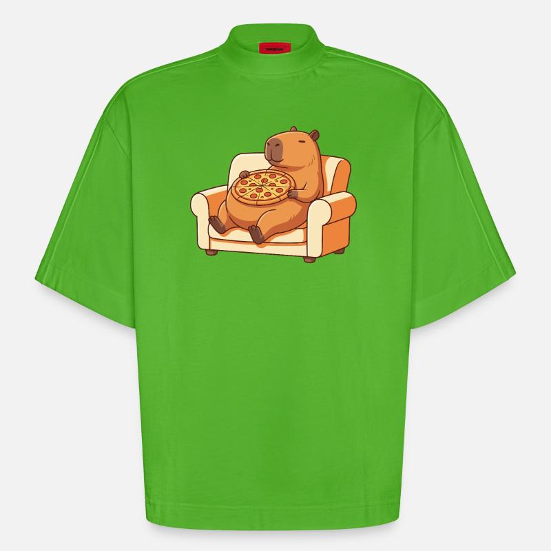Pizza Capybara auf dem Sofa - Heavyweight Oversized Organic Boxy T-Shirt Made in EU - Apple Neon