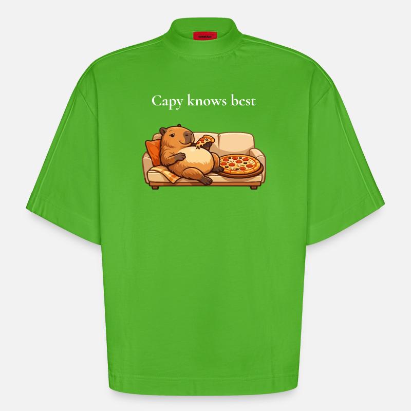 Capybara Mit Pizza Auf Sofa - Heavyweight Oversized Organic Boxy T-Shirt Made in EU - Apple Neon