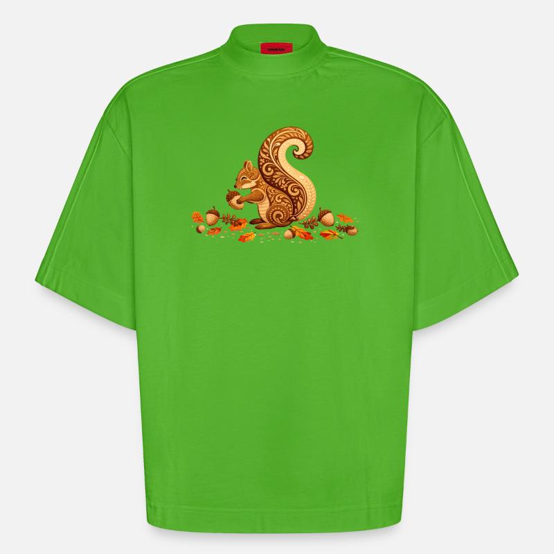 Stilisiertes Eichhörnchen mit Eichel im Herbst - Heavyweight Oversized Organic Boxy T-Shirt Made in EU - Apple Neon