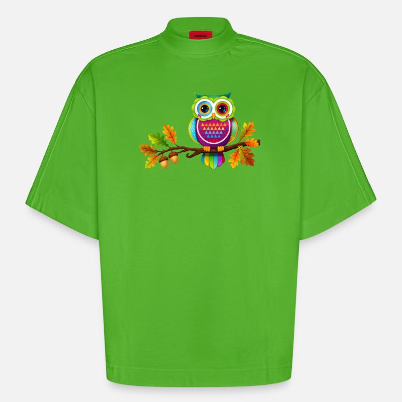 Bunte Eule auf Ast mit Herbstblättern - Heavyweight Oversized Organic Boxy T-Shirt Made in EU - Apple Neon