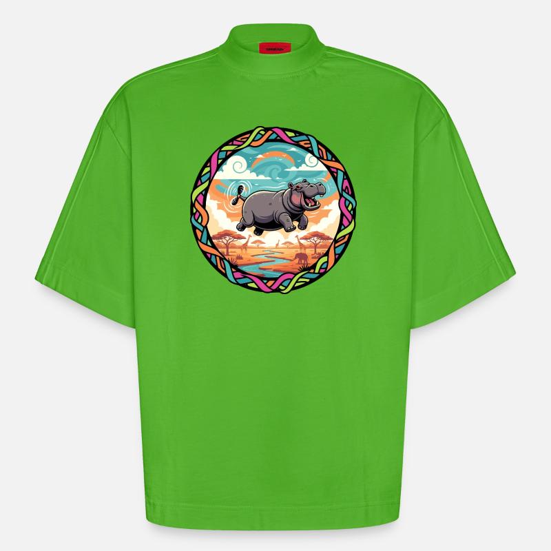 Witziger Hippo fliegendes Nilpferd bunt Savanne  - Heavyweight Oversized Organic Boxy T-Shirt Made in EU - Apple Neon