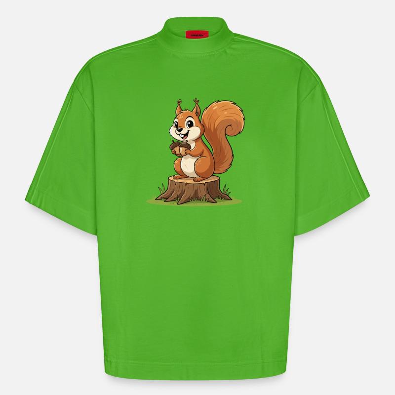 Eichhörnchen am Baumstumpf mit Eichel - Heavyweight Oversized Organic Boxy T-Shirt Made in EU - Apple Neon
