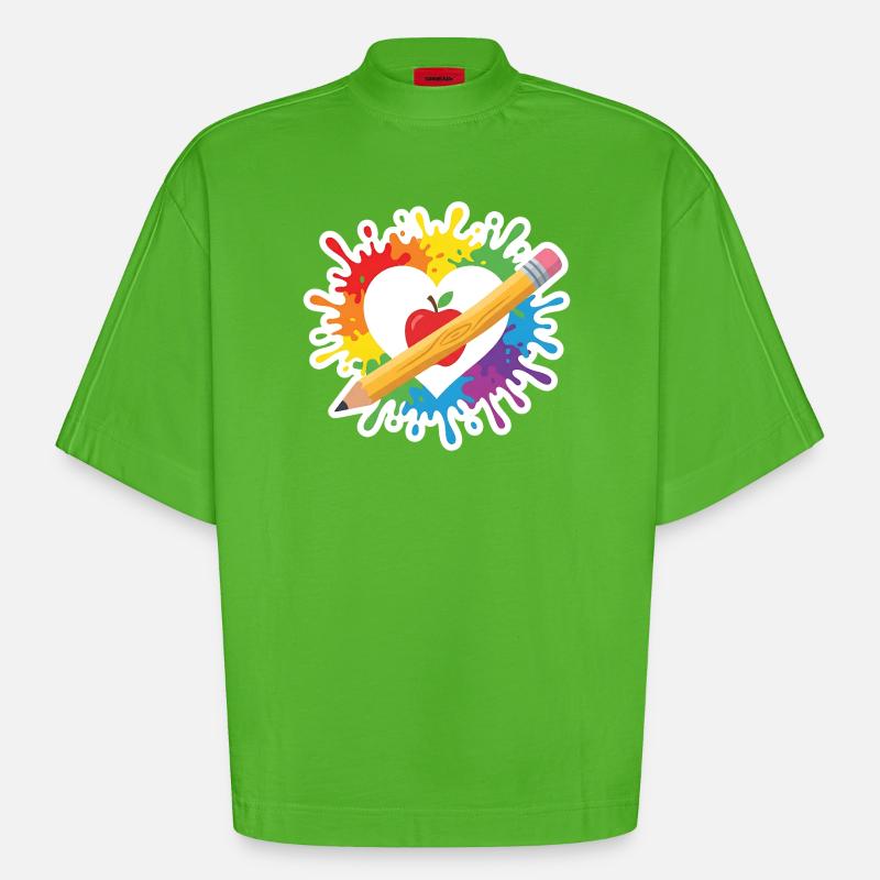 Lehrer Herz Regenbogen Apfel Buntstift Schule - Heavyweight Oversized Organic Boxy T-Shirt Made in EU - Apple Neon