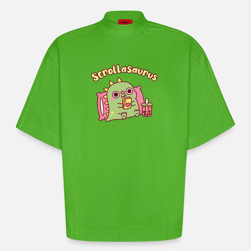 Niedlicher Scrollasaurus-Dinosaurier scrollt auf dem Handy - Heavyweight Oversized Organic Boxy T-Shirt Made in EU - Apple Neon