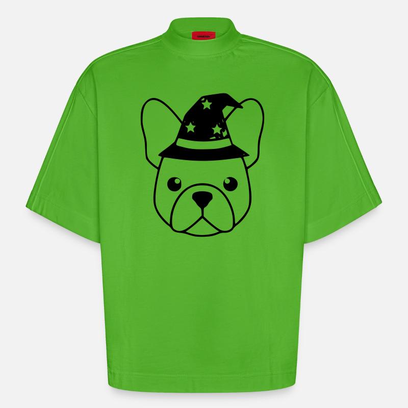 Frenchie Zauberer Hut Outline - Heavyweight Oversized Organic Boxy T-Shirt Made in EU - Apple Neon
