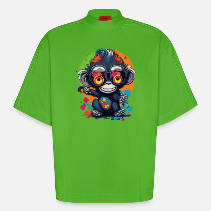 Neon Brillenaffe Splash - Affe - Äffchen - Heavyweight Oversized Organic Boxy T-Shirt Made in EU - Apple Neon