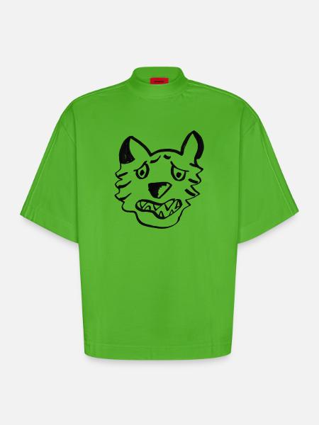 Black Wolf Graffiti Lines - Heavyweight Oversized Organic Boxy T-Shirt Made in EU - Apple Neon