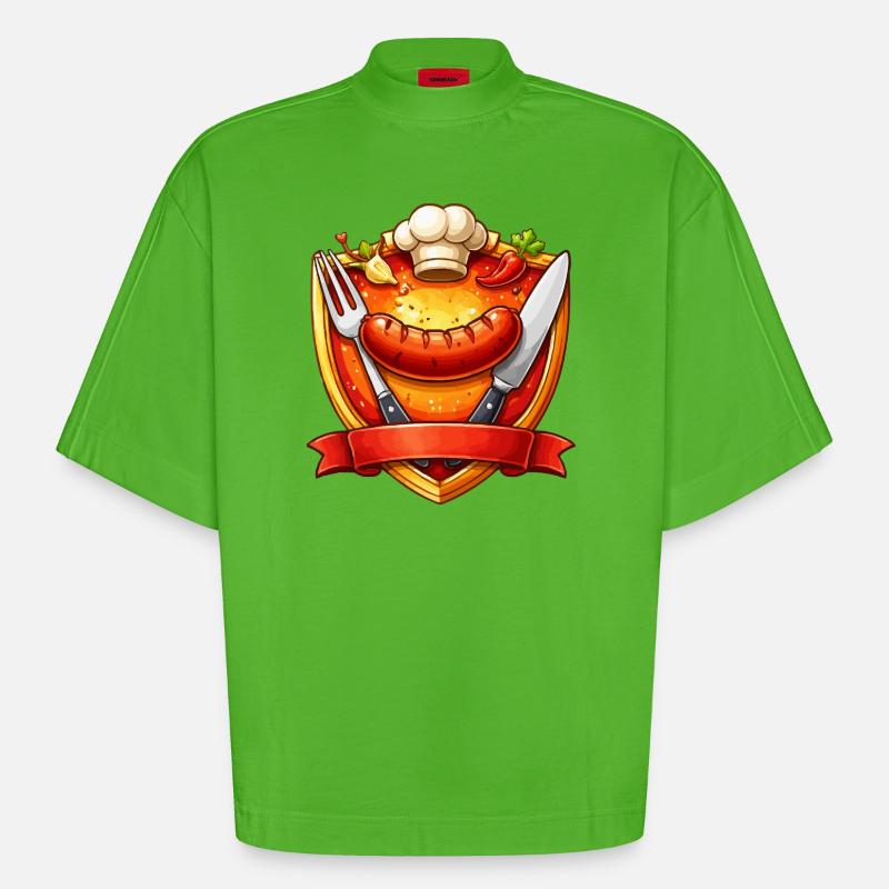 Gegrillte Wurst auf rotem Teller Schild - Heavyweight Oversized Organic Boxy T-Shirt Made in EU - Apple Neon