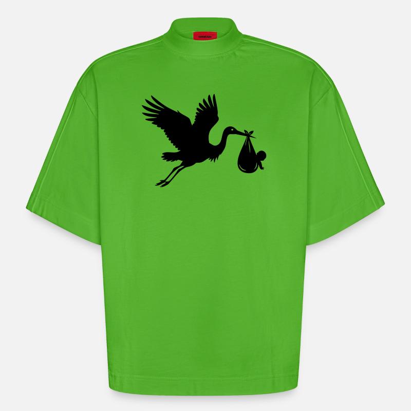 Cigogne avec bébé – Motif de cigogne - T-shirt bio épais oversize Boxy fabriqué en UE - Apple Neon