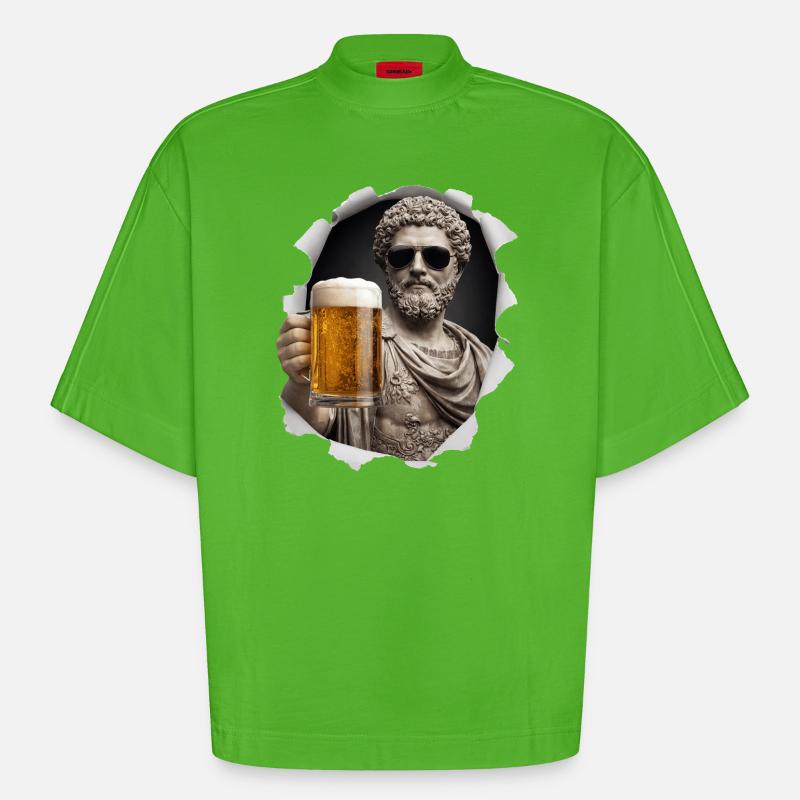 Marcus Aurelius mit Sonnenbrille und Bier - Heavyweight Oversized Organic Boxy T-Shirt Made in EU - Apple Neon