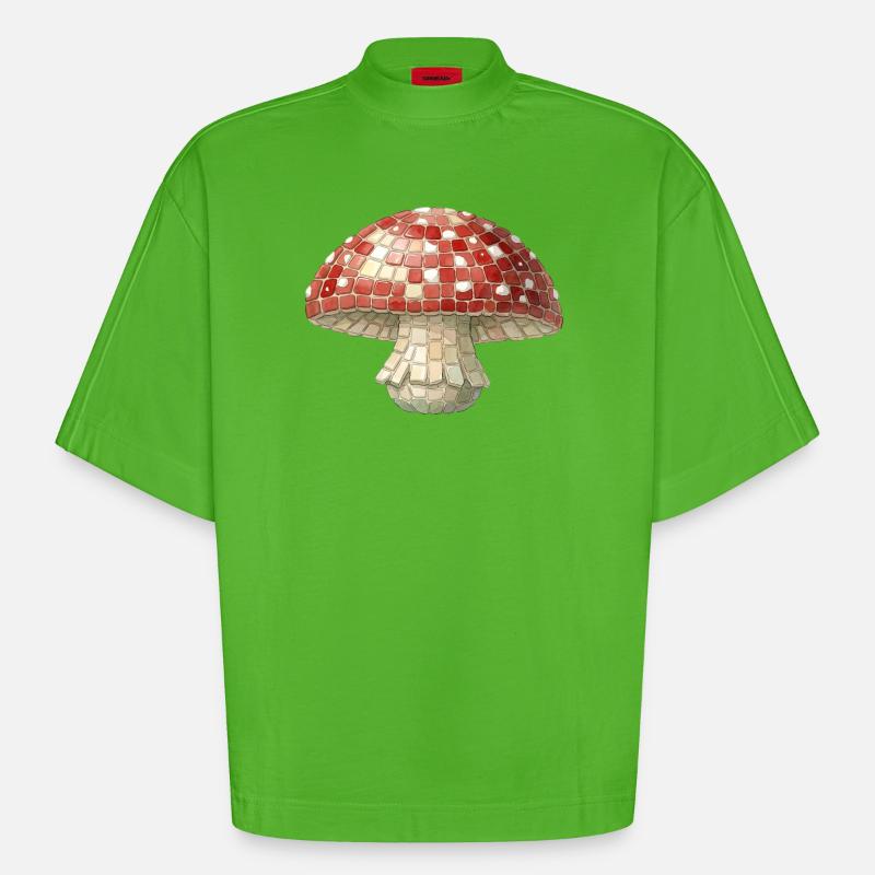 Toadstool Mosaic - Retro Forest for Mushroom Pickers - Heavyweight Oversized Organic Boxy T-Shirt Made in EU - Apple Neon