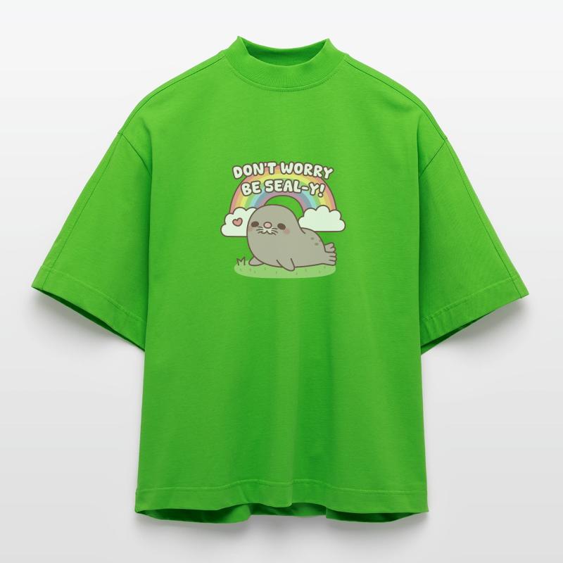 Mach dir keine Sorgen, sei siegelhaft, niedlich, dicker Robbe und Regenbogen Heavyweight Oversized Organic Boxy T-Shirt Made in EU