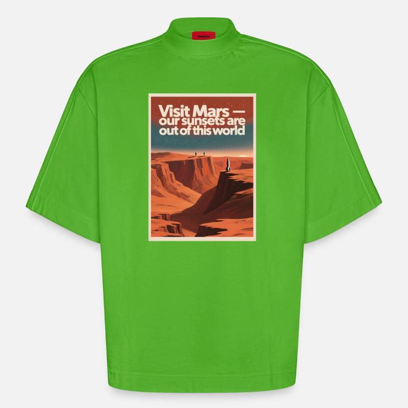 Visiter Mars | Tournée spatiale rétro - T-shirt bio épais oversize Boxy fabriqué en UE - Apple Neon