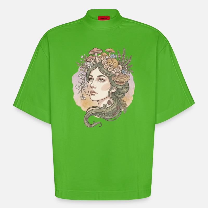 Déesse des champignons et des fleurs - T-shirt bio épais oversize Boxy fabriqué en UE - Apple Neon