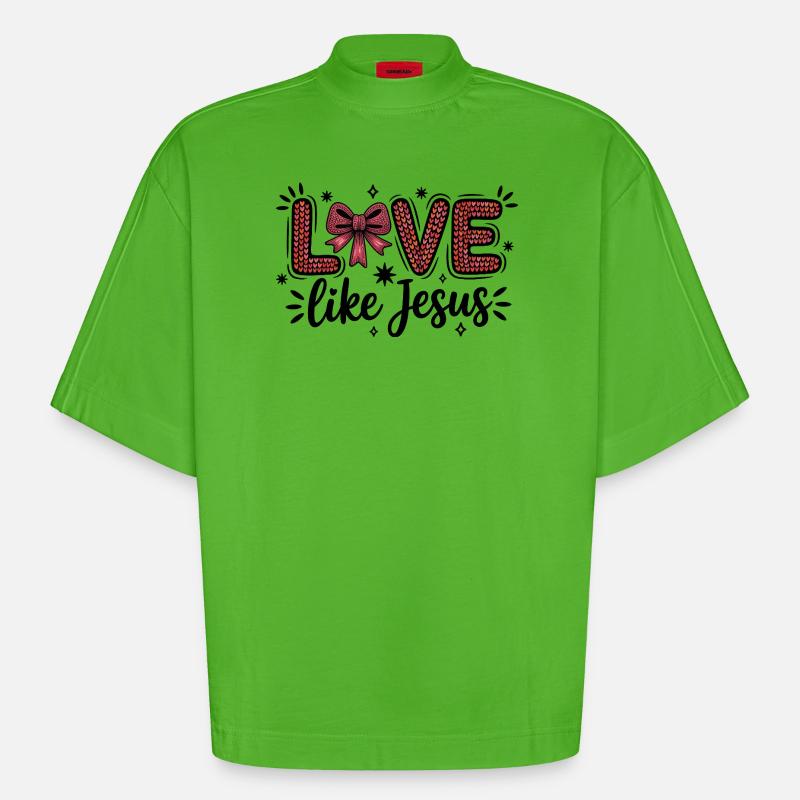 Love Like Jesus Heart Scripture Bow - Heavyweight Oversized Organic Boxy T-Shirt Made in EU - Apple Neon