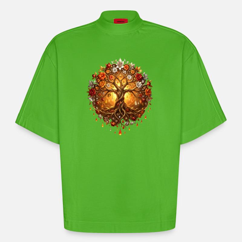Arbre de Feu dans Mandala - T-shirt bio épais oversize Boxy fabriqué en UE - Apple Neon