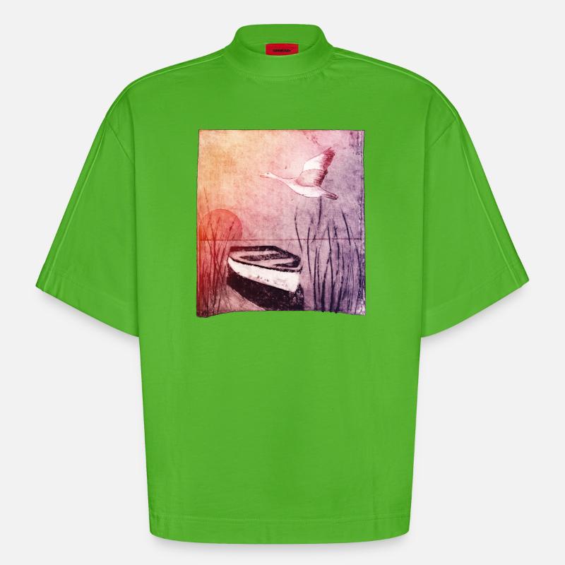 Boot am See - handgeschnitzte Druckvorlage - Heavyweight Oversized Organic Boxy T-Shirt Made in EU - Apple Neon