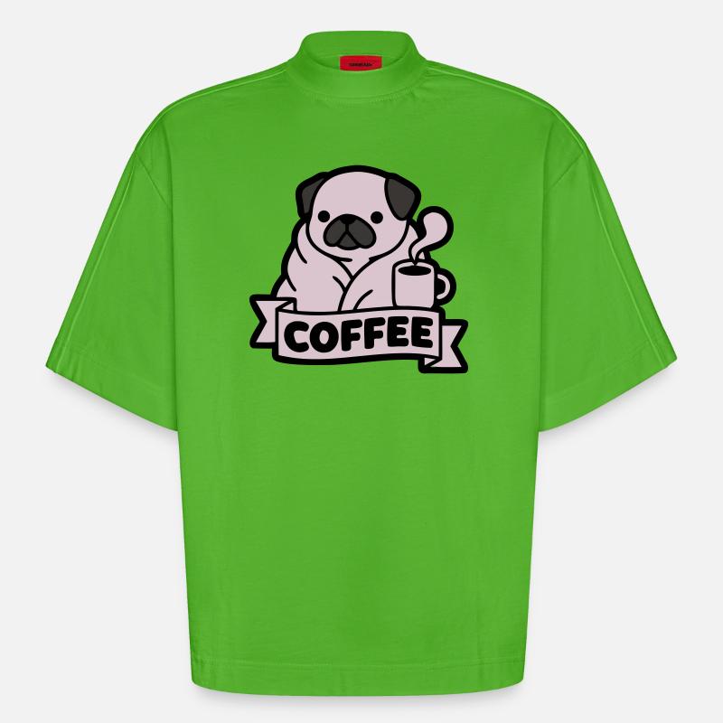 Mops Kaffee Morgenmuffel Banner - Heavyweight Oversized Organic Boxy T-Shirt Made in EU - Apple Neon