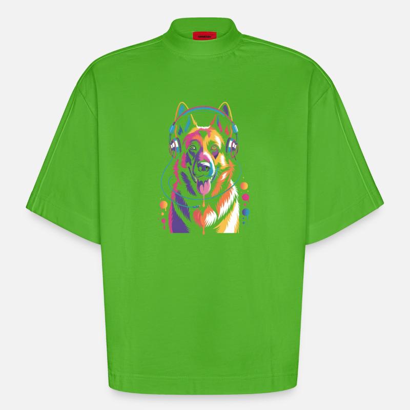 Deutscher Schäferhund mit Kopfhörer - Heavyweight Oversized Organic Boxy T-Shirt Made in EU - Apple Neon