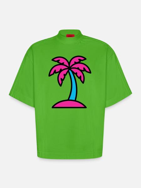 Neon Palm Tree 90s Vaporwave - Heavyweight Oversized Organic Boxy T-Shirt Made in EU - Apple Neon