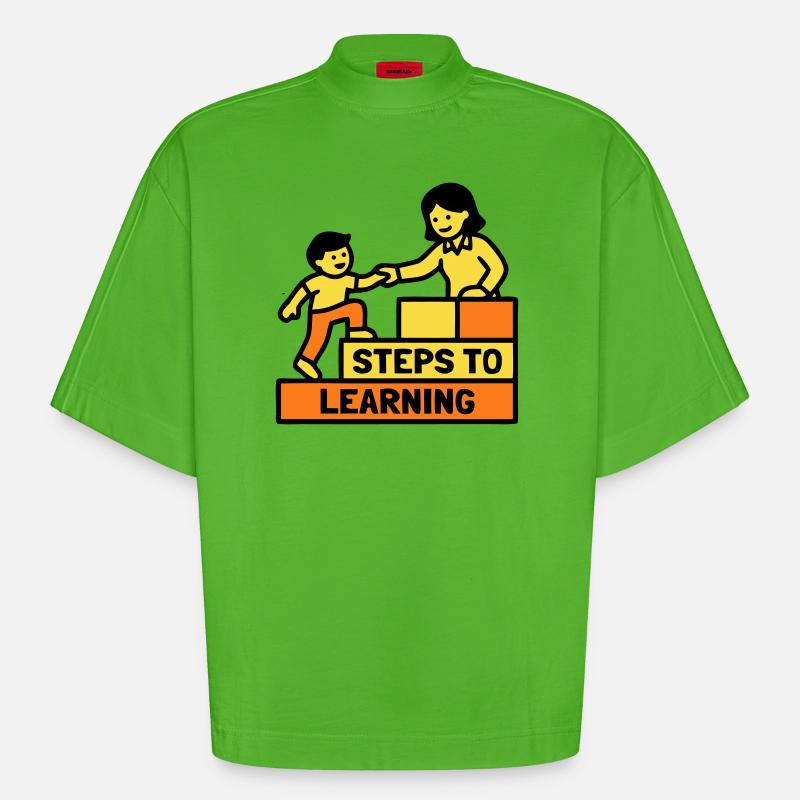 Steps to Learning Schule Logo - Heavyweight Oversized Organic Boxy T-Shirt Made in EU - Apple Neon