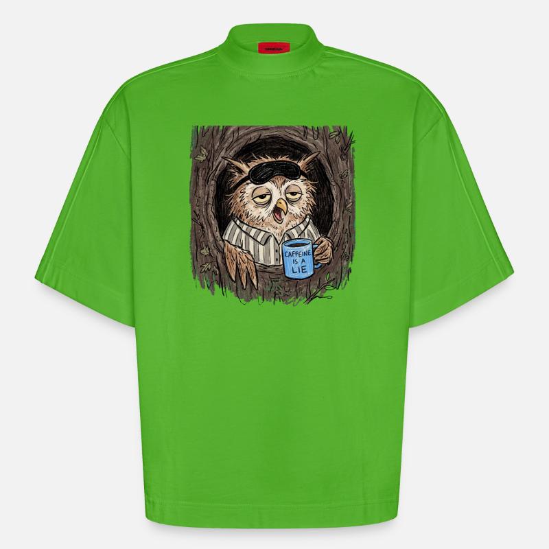 Caffeine is a Lie Eule Coffee - Heavyweight Oversized Organic Boxy T-Shirt Made in EU - Apple Neon
